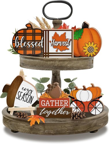 Bandeja decorativa en niveles de 7 piezas de otoño de Acción de Gracias, cosecha de otoño calabaza piña