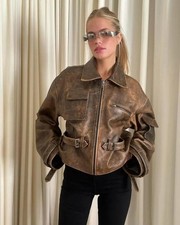Vintage Brown Distressed Leather Jacket for Women Cropped Bomber Style