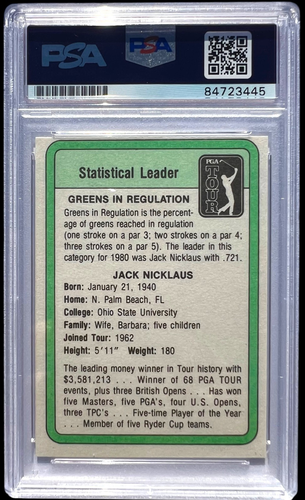 JACK NICKLAUS SIGNED 1981 DONRUSS STAT LEADER ROOKIE CARD MASTERS AUTO PSA DNA view 2
