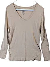 ACTIVE BASIC Women Top size 2XL Beige Long Sleeve V-Neck Tee New Timeless Shirt