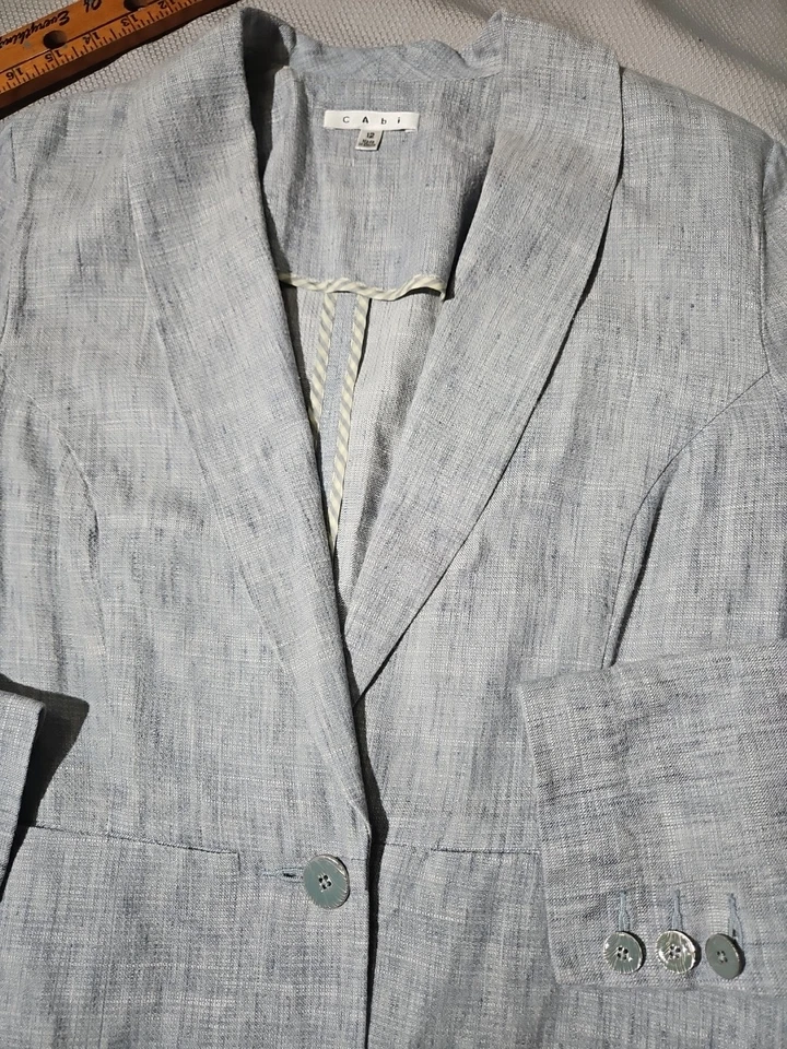 Chaqueta Cabi Mujer Talla 12 Azul Mezcla de Lino Blazer Abrigo Preppy Minimalista Lujo Foto 3 de 4