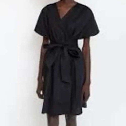 JUST FEMALE Dress Women Small Black Masha Wrap VNeck Short Sleeve Cotton Pockets
