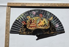 Vintage Spanish Flamenco Folding Hand Fan Black Floral Dancer Scene Wood Fan