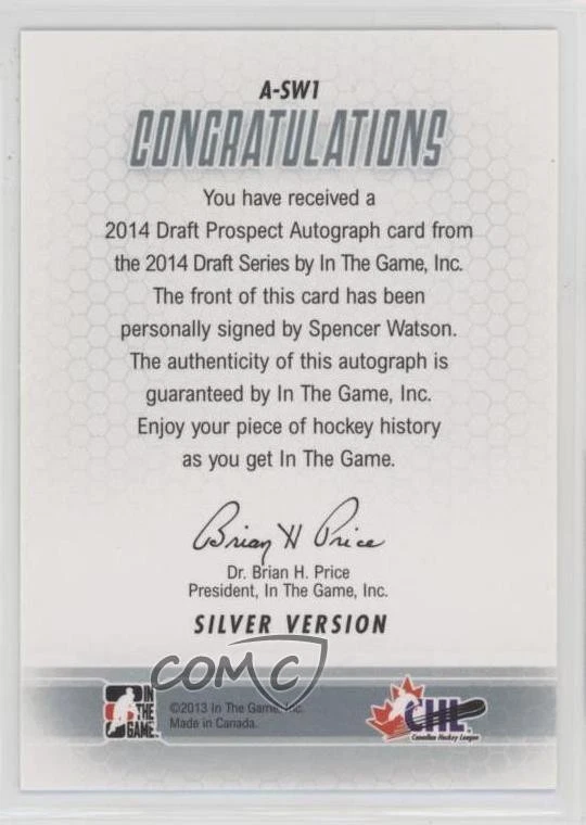 2014 ITG Draft Prospects Auto Silver Spencer Watson #A-SW1 Auto - Image 2 of 2
