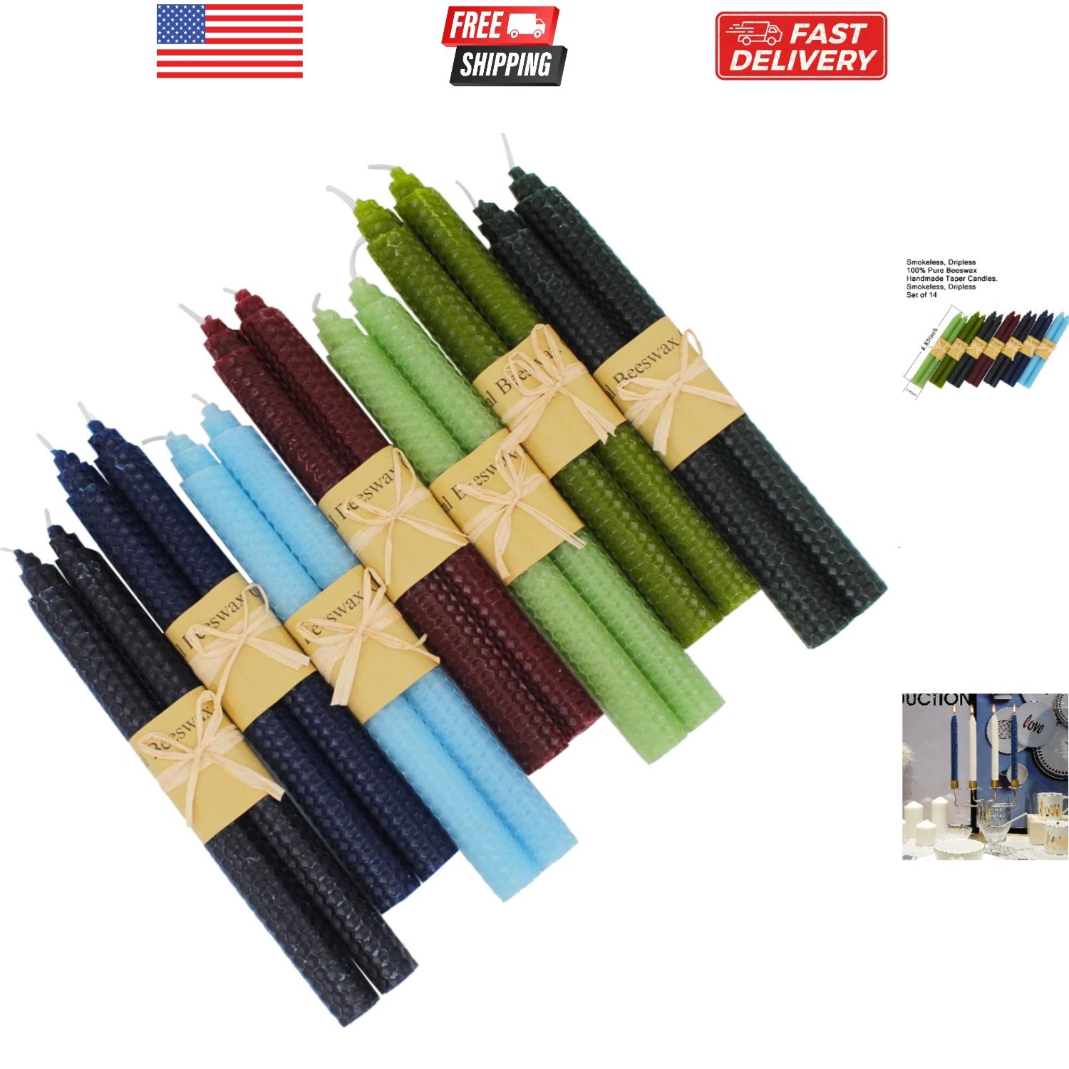 7 Pairs 100% Pure Beeswax Handmade Taper Candles, 9 Inch Smo