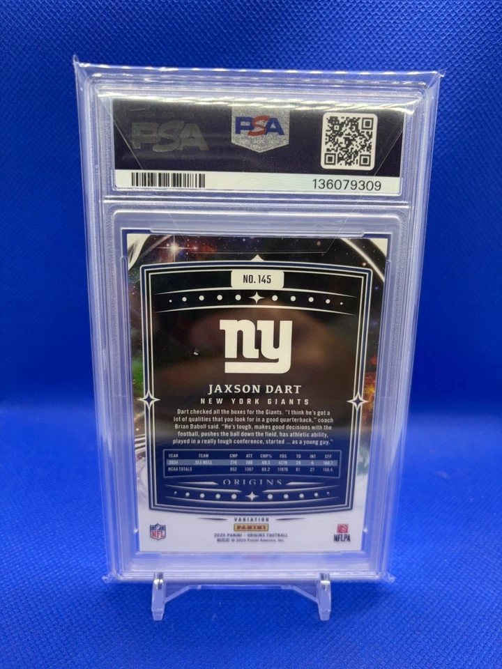 2025 Panini Origins Jaxson Dart WHITE VARIATION #145 /RC Giants SSP RARE PSA 9 - Image 2 of 2