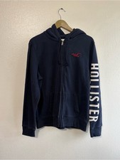 Hollister Size Large Navy Blue Full Zip Hoodie Graphic Sleeve Y2K Coastal Preppy