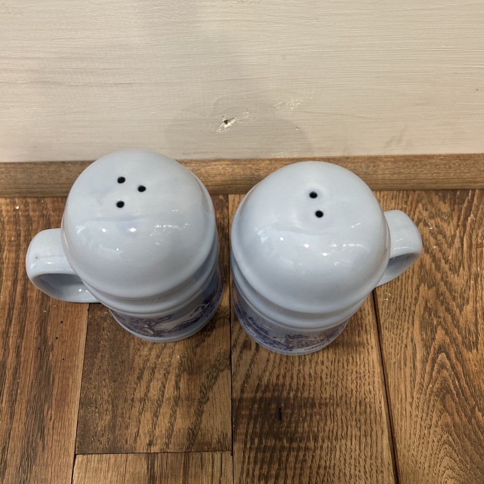 Large Pepper Tree Light blue Currier & Ives salt and pepper with white handles, featuring ...