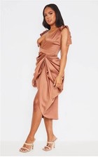 NWT Pretty Little Thing US 4 Brown Satin Plunge Draped Midi Cocktail Dress UK 8