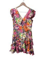 Saloni Catia Short Sleeve V-Neck Silk Blend Floral Print Ruffle Mini Dress 10