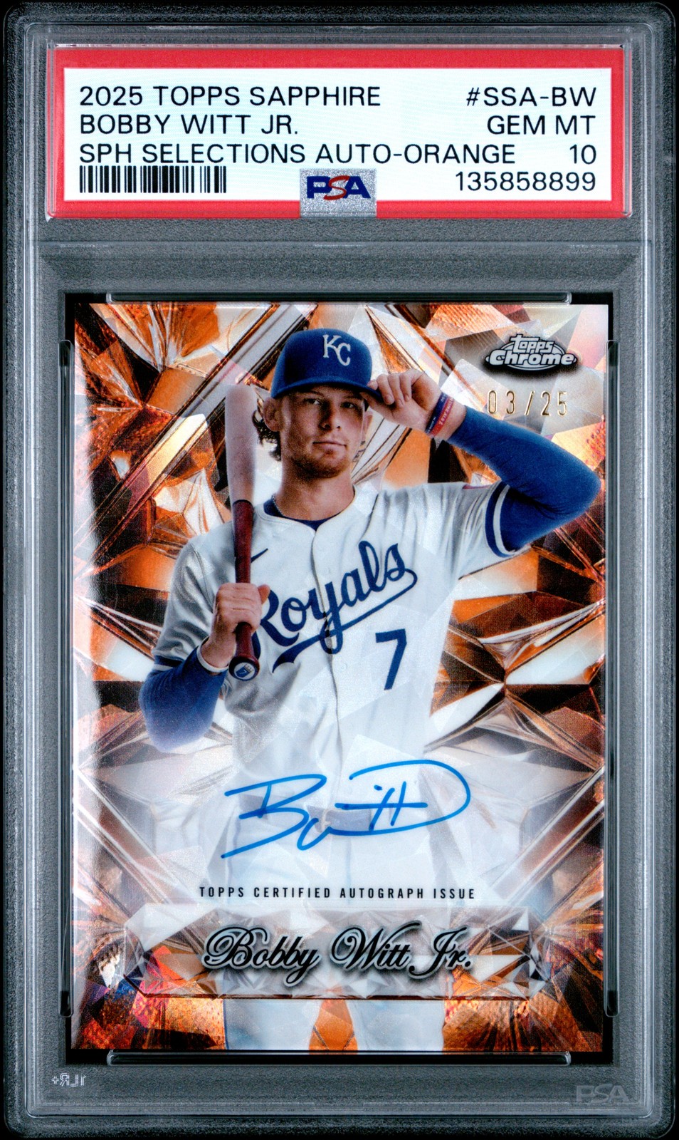 2025 TOPPS CHROME SAPPHIRE SELECTIONS AUTO ORANGE BOBBY WITT JR. 3/25 PSA 10