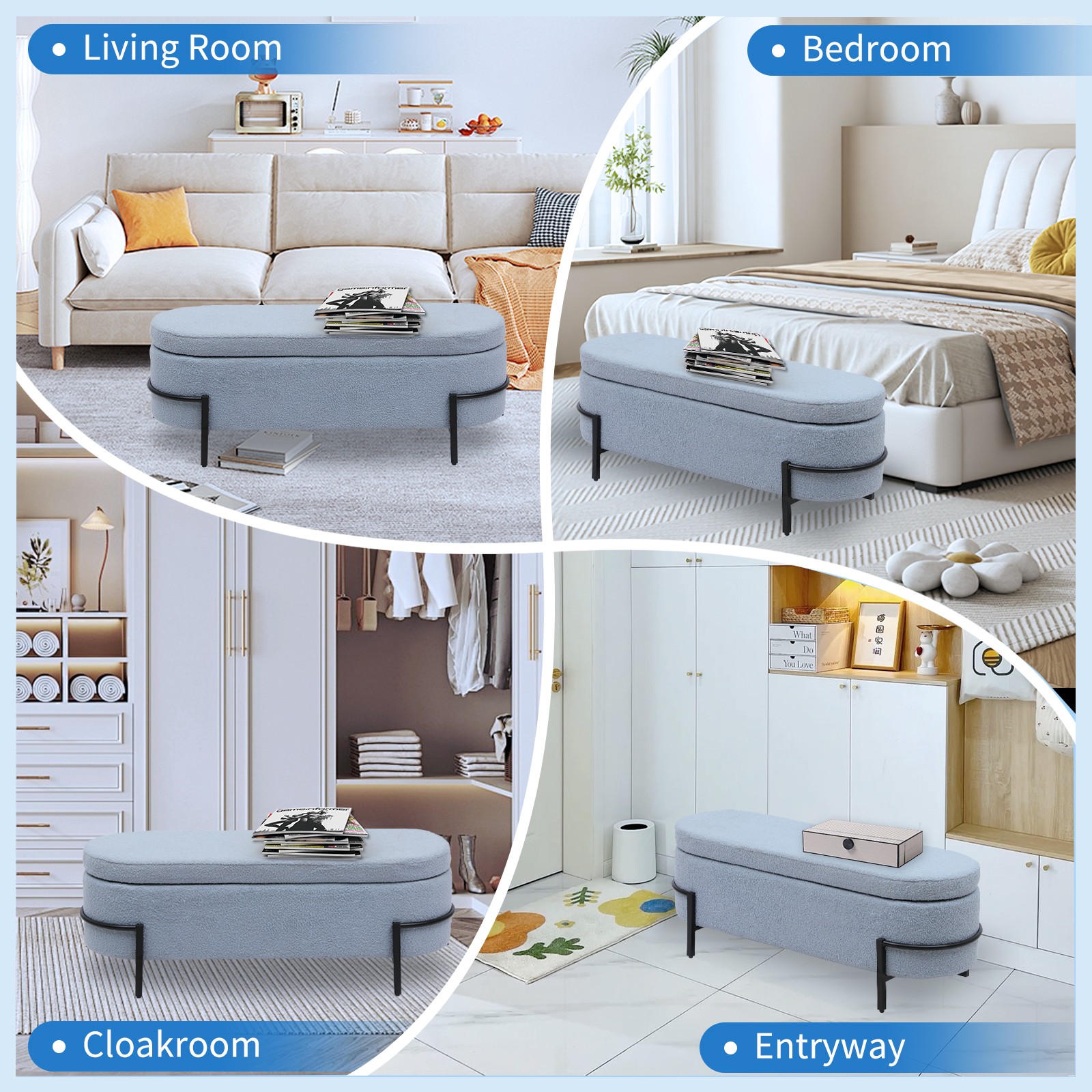 Storage Ottoman End of Bed Bench Upholstered Benches with Metal Legs Blue