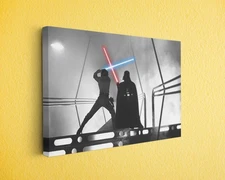 Epic Sci Fi Duel Canvas Print, Black and White Space Warriors Galactic Wall Art