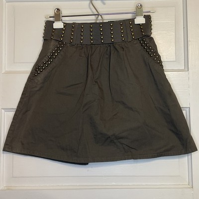 Small Olive Green Loose Fit A Line Skirt Studded Pockets Belt | Emo Gothic Goth
