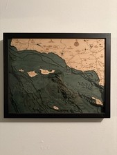 Santa Barbara / Isole del Canale Carta / Mappa di profondità topografica intagliata in legno