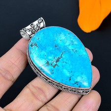 Tibetan Turquoise Gemstone Handmade 925 Sterling Silver Jewelry Pendant 2.84"