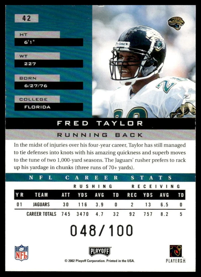 2002 Playoff Honors #42 Fred Taylor O's #/100 - Image 2 of 2