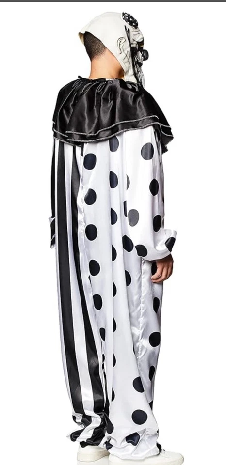 KILLER Circo PAYASO Negro Blanco Satinado Disfraz Halloween MASCARILLA TRAJE CUELLO VOLANTES OS Foto 2 de 4