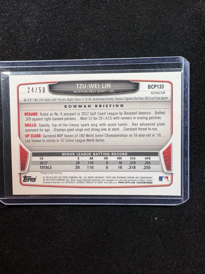 2013 Bowman Chrome - Prospects Tzu-Wei Lin #BCP133 Gold Refractor /50 Red Sox - Image 3 of 4