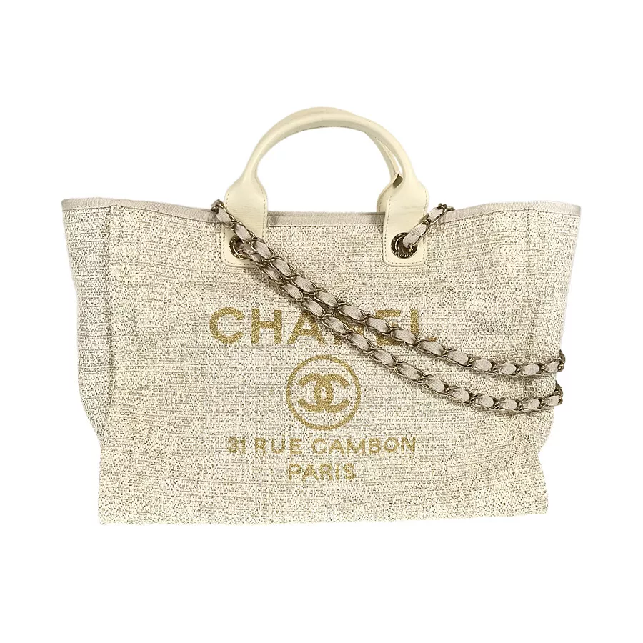 Chanel Deauville Large, Beige Wool with White Leather and Silver