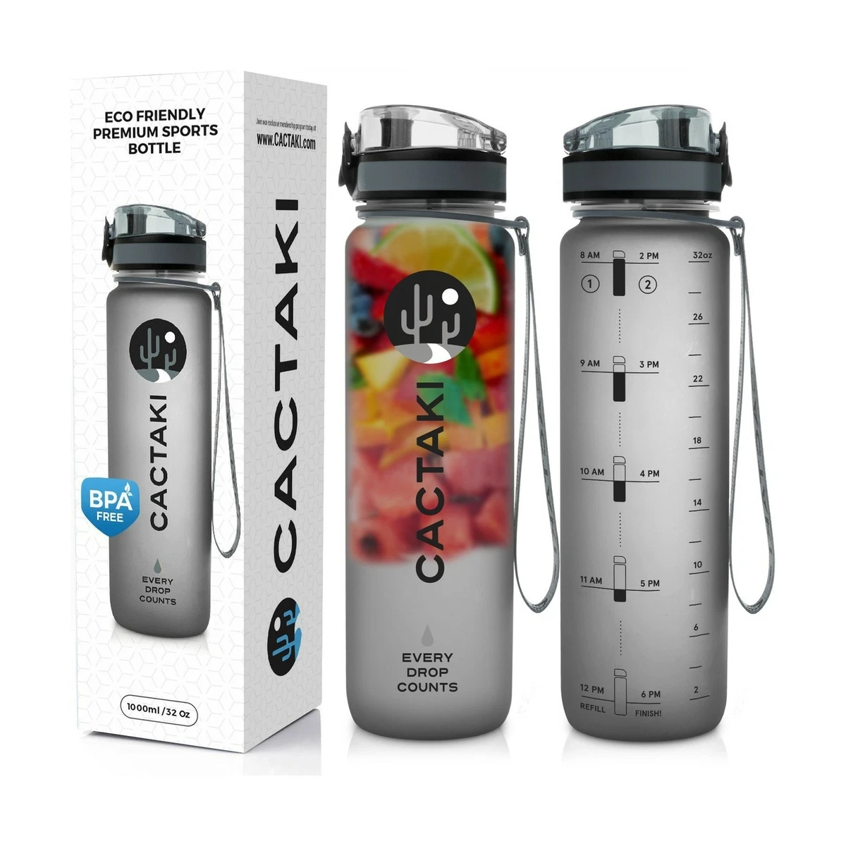 Cactaki Water Bottle with Time Marker Large BPA Free Water Bottle