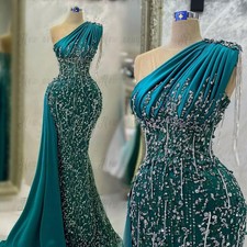 Arabic Emerald Green Evening Dress Glitter Tassel Wedding Party Gowns Beaded