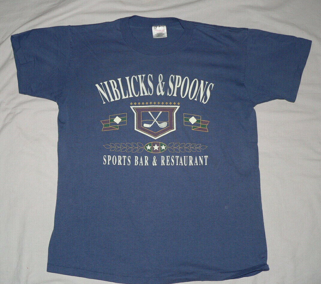 VTG 90S ONEITA TAG T SHIRT SzL USA MADE NIBLICKS & SPOONS SEATTLE