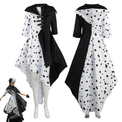 Cosplay Cruella de Vil Kostüm Halloween Anzüge Frauen Fancy Kleid Schwarz Weiß