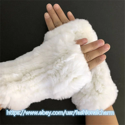 Womens Winter Real Rabbit Fur Gloves Knitted Stretch Fingerless Mitten Gloves - Picture 76 of 102