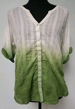 Tiny Brand Anthro 3/4 Tab Sleeve Cream/Grn Dip Dye Button Blouse Lightweight EUC