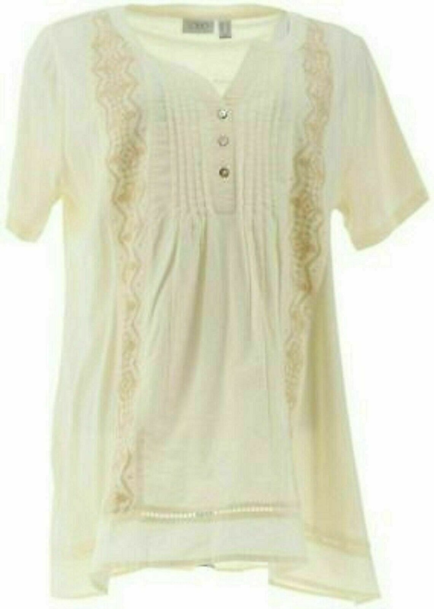 LOGO Lori Goldstein Cotton Modal Henley Top w/Lace-Cloud Cream-XS