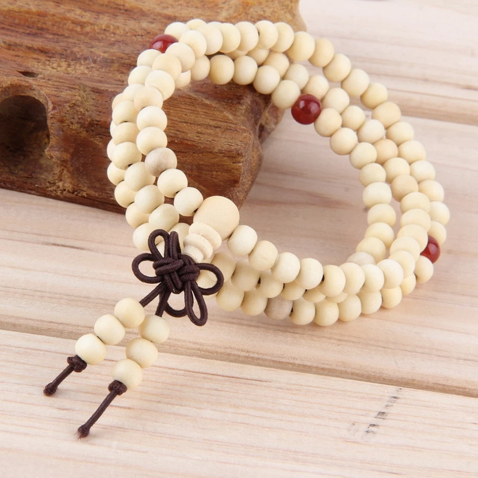 Mala bracelet bois de santal bouddha 108 perles bois prière perles beige - Photo 2/3