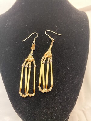 Authentic Native American Indian Made Beaded Earrings Porcupine Quill ￼Gold