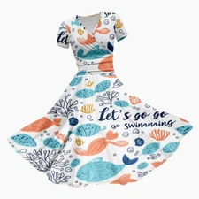 Women's Sea Fish Print V Neck Midi Dress Ladies Short Sleeve Beach Sundress