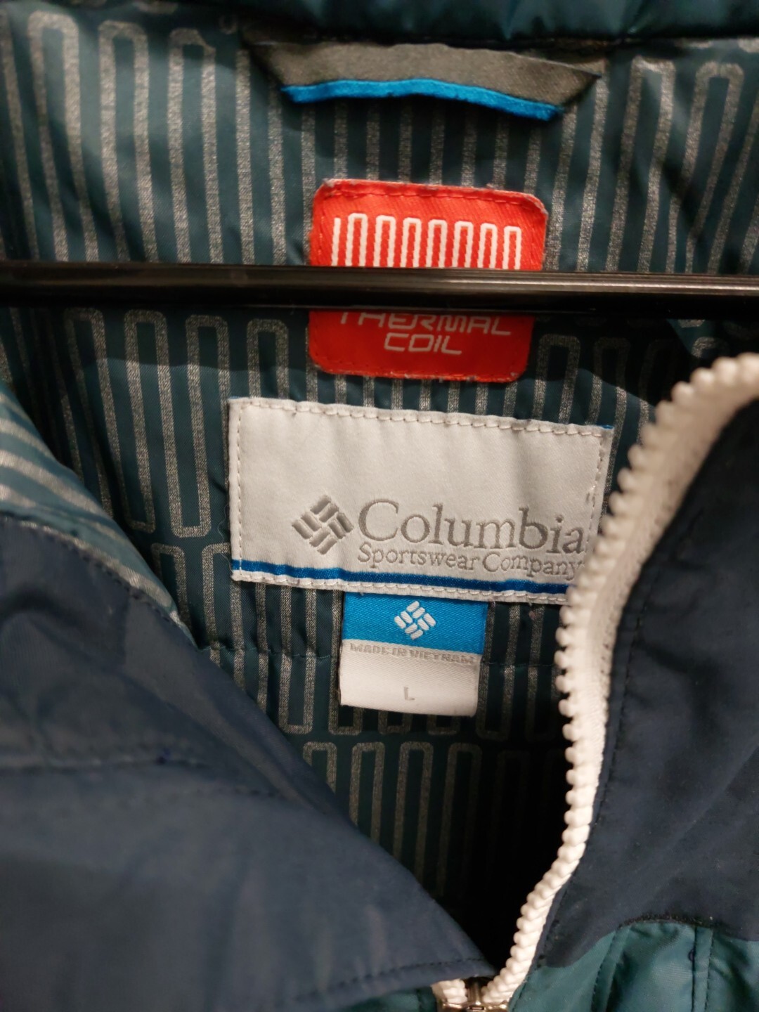 Columbia Mens Thermal Coil Hooded Jacket Size L Blue Full Zip Pockets EUC 