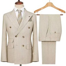 Men Suit Beige Striped Double Breasted Formal Business Prom Groom Tuxedo Wedding