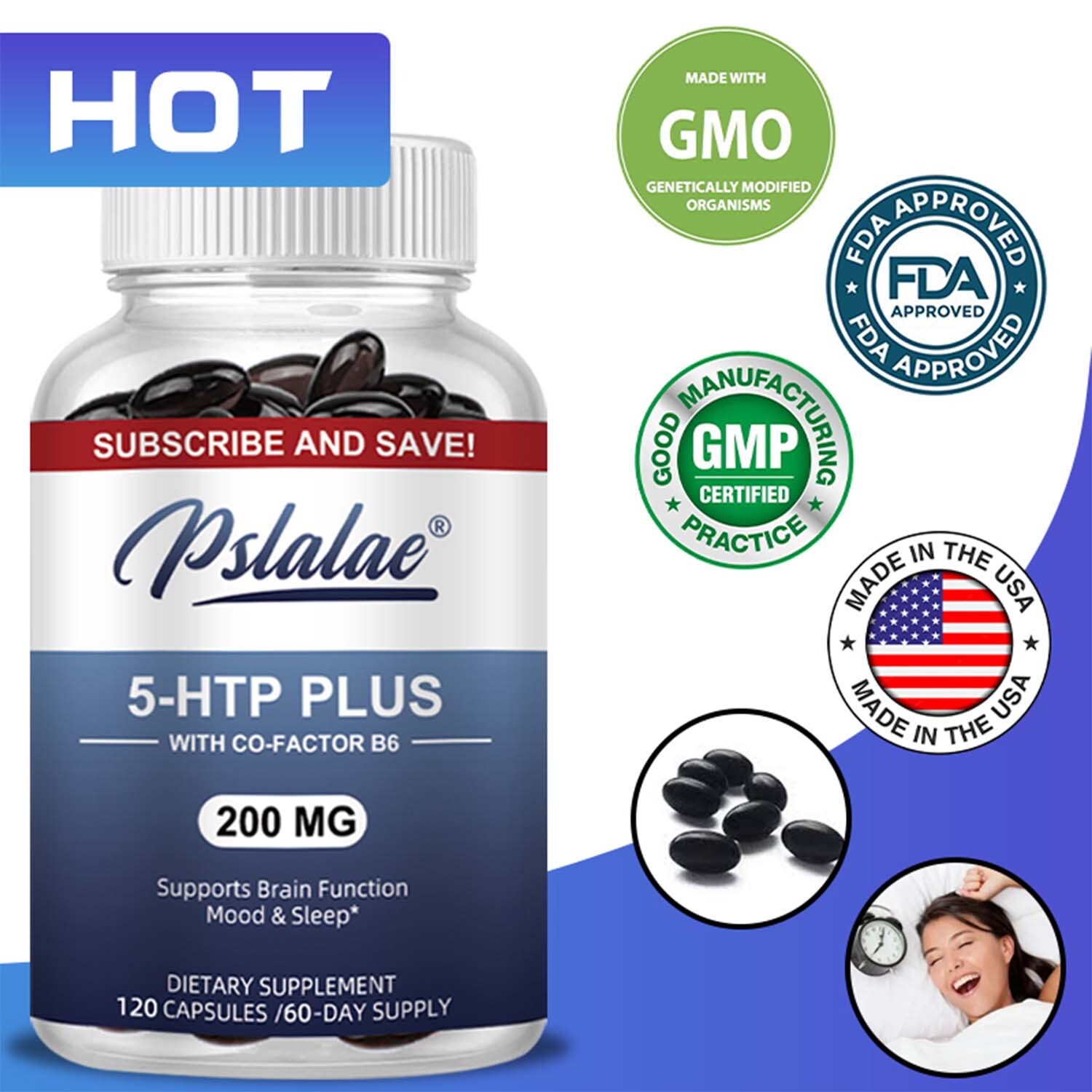 5-HTP Plus 200 mg - con cofactor B6 - Ayuda para dormir, emociones positivas y relajación