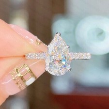 2.34 TCW Pear Moissanite Classic Women's Engagement Ring 14K White Gold Plated