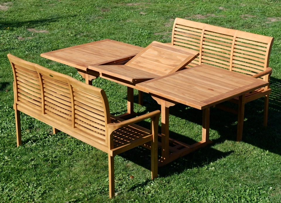 TEAK Set Gartengarnitur Ausziehtisch 150-210cm x 90cm + 2 Bänke 150cm Holz JAV - Bild 2 von 4