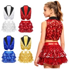 Girls Disco Halloween Outfits School Dancewear Kid Costume Carnival Skirt Vest