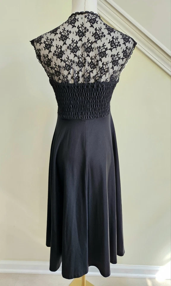 Vintage 1970s Jody T Of California Black Lace Midi Dress Ruched Lace Up Goth XS - Image 4 of 4