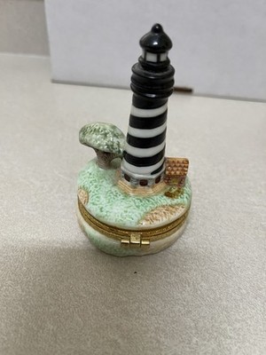 Vtg Lighthouse Trinket Box Black & White w/Hinge Tree & House Porcelain  MINT