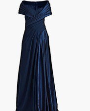 NEW, TADASHI SHOJI Portrait Collar Satin  Crepe Gown in Navy Sz S LD274