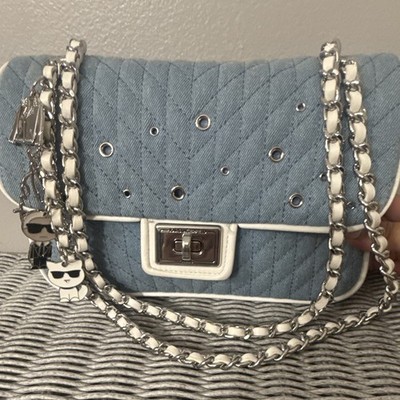 KARL LAGERFELD Blue Quilted Shoulder Bag Turn Lock Silver Chain Strap Charm