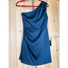 NWT Lulus Love Me Tonight Navy Blue Satin One-Shoulder Mini Dress Party Size S