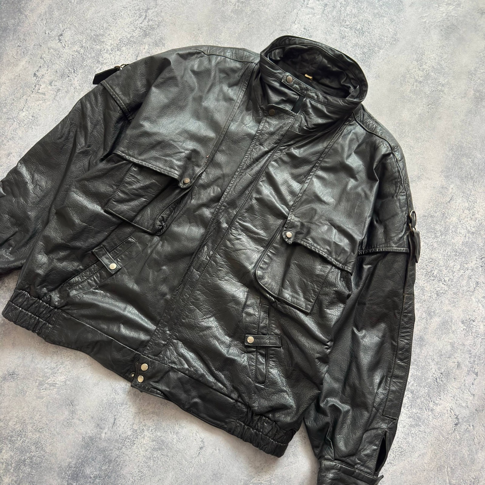 Men’s Vintage Black Leather Jacket Size 52 Oversized Biker Utility Coat Full Zip image 3
