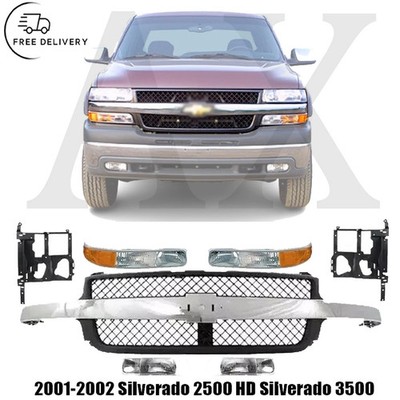 Front Grille & Headlight Pair Kit For 2001-2002 Silverado 2500 HD Silverado 3500