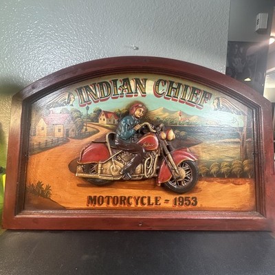 Vintage Rare 3D Indian Chief Motorcycle 1953 24'' X 16'' Wood Hand Painted Sign