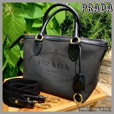 Prada Jacquard Canvas Shoulder Bag 2-way Black good used  made in italy