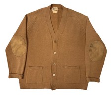 Vintage 50s 60s ALBERT LTD Camelhair Cardigan Sweater Pockets Suede Elbows Sz 46